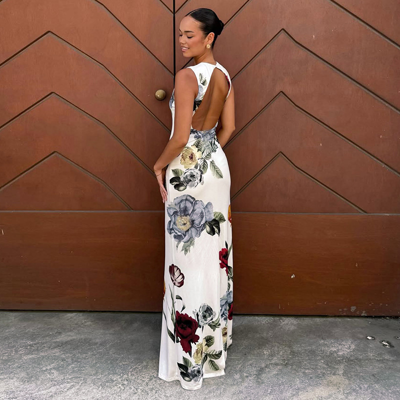 Elegant Round Neck Sleeveless Floral Print Maxi Dress