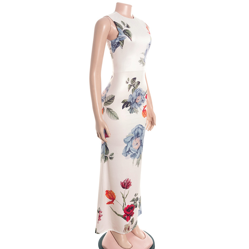 Elegant Round Neck Sleeveless Floral Print Maxi Dress