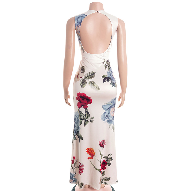 Elegant Round Neck Sleeveless Floral Print Maxi Dress