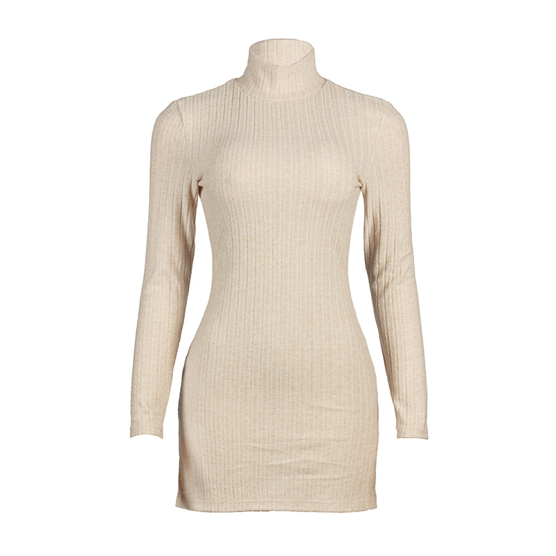 Fall New Arrival Solid Color Ribbed Knit Long Sleeve Bodycon Dress