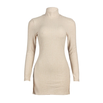 Fall New Arrival Solid Color Ribbed Knit Long Sleeve Bodycon Dress 01