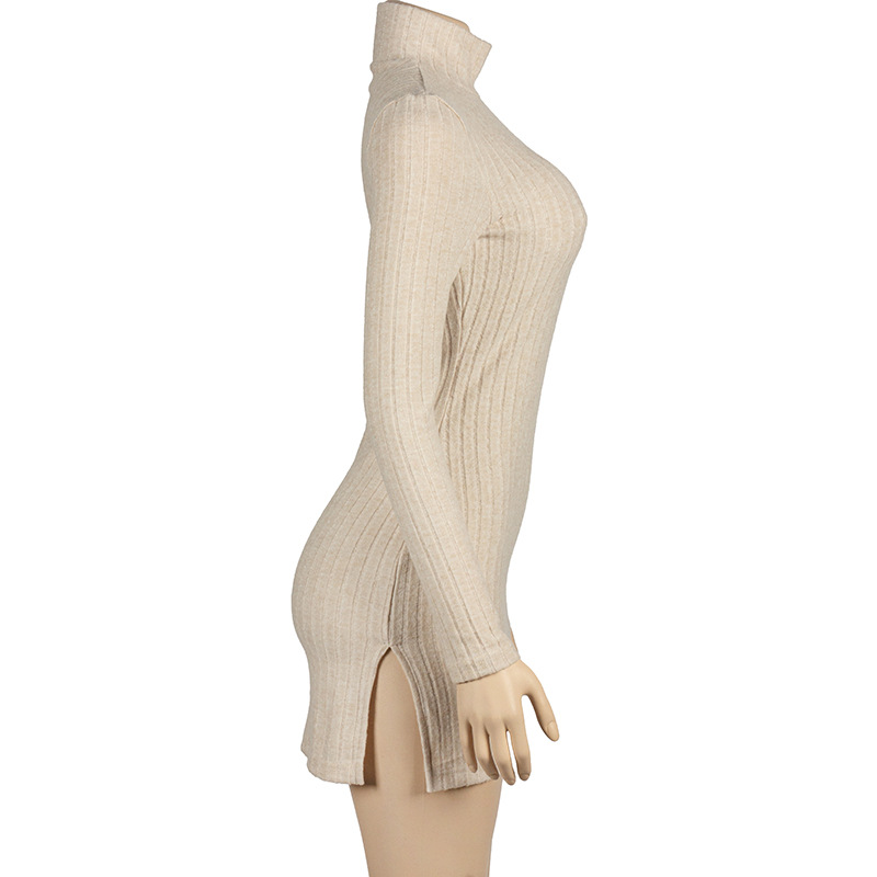 Fall New Arrival Solid Color Ribbed Knit Long Sleeve Bodycon Dress