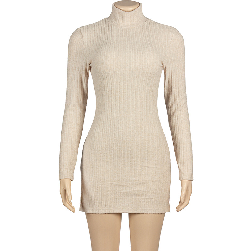 Fall New Arrival Solid Color Ribbed Knit Long Sleeve Bodycon Dress