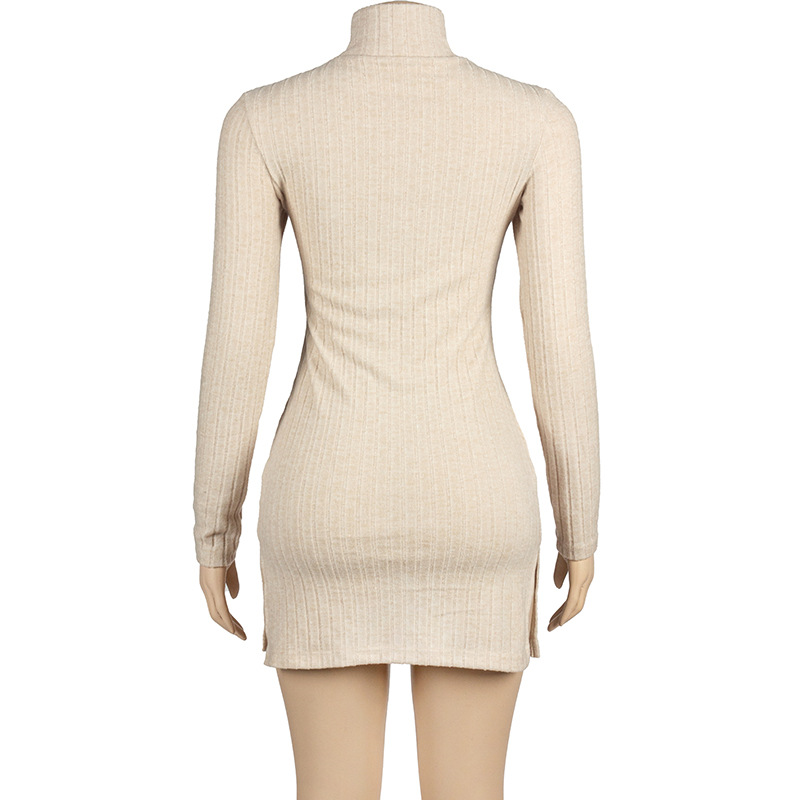 Fall New Arrival Solid Color Ribbed Knit Long Sleeve Bodycon Dress