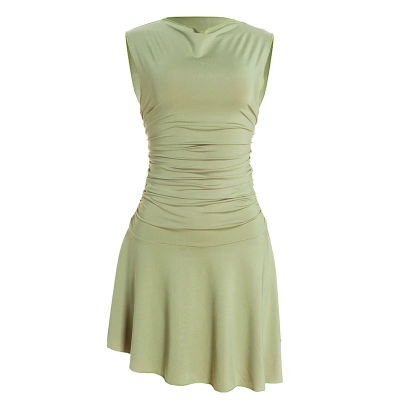 Minimalist Round Neck Sleeveless Ruched Bodycon Mini Dress 01