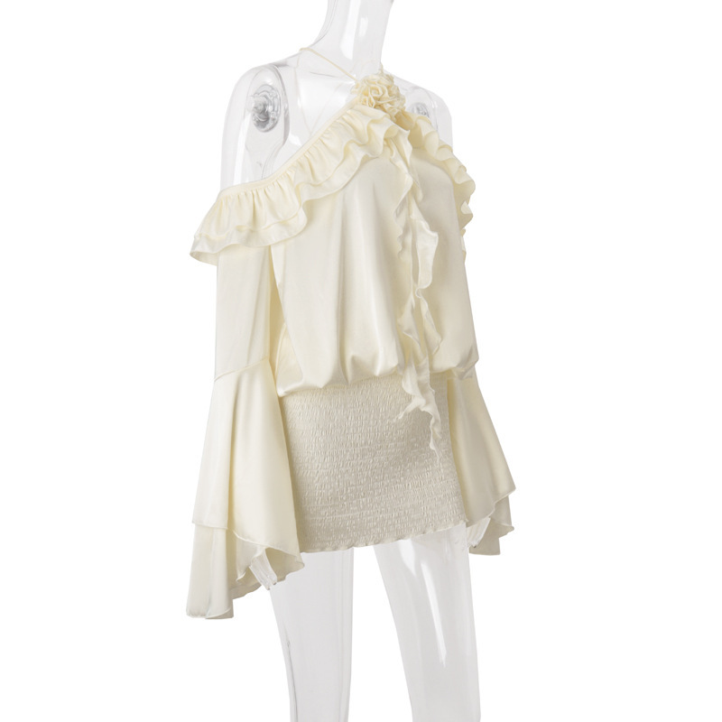 2025 Fall New Women's Off-Shoulder Ruffled Bell Sleeve Midi Dress