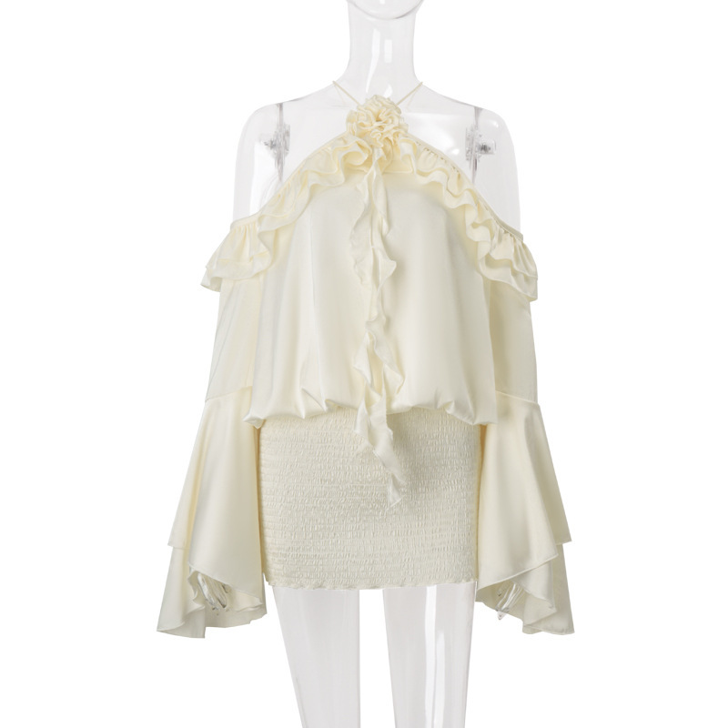 2025 Fall New Women's Off-Shoulder Ruffled Bell Sleeve Midi Dress