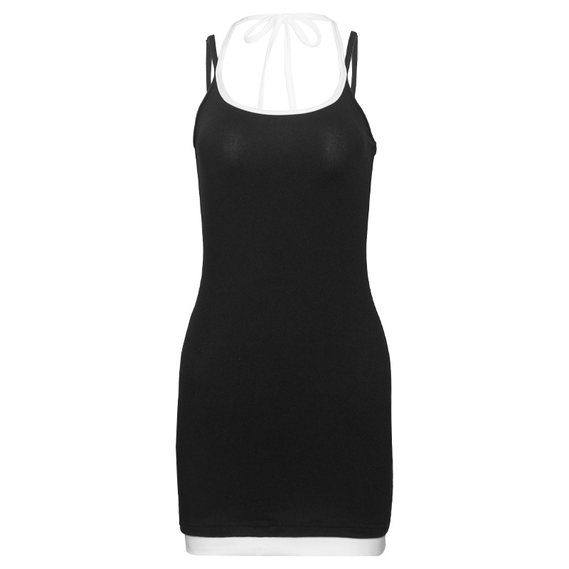 Trendy Halter Neck Faux Two-Piece Color-Block Mini Dress