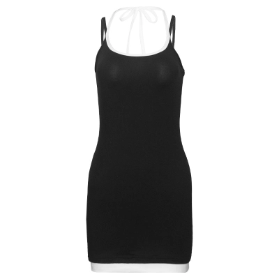 Trendy Halter Neck Faux Two-Piece Color-Block Mini Dress 01