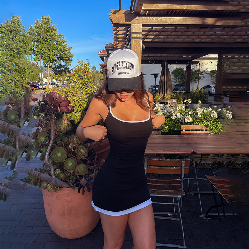 Trendy Halter Neck Faux Two-Piece Color-Block Mini Dress