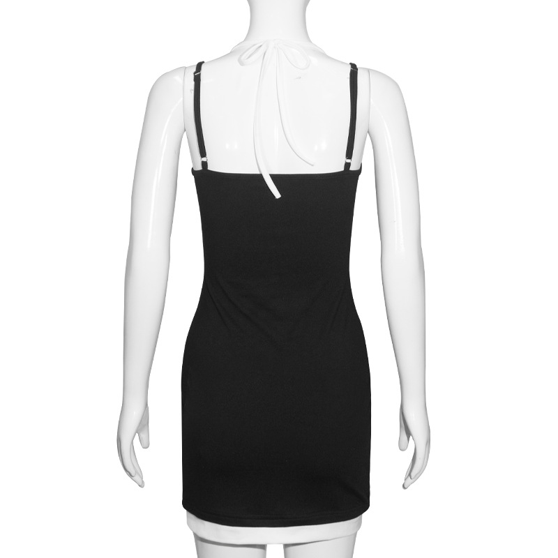 Trendy Halter Neck Faux Two-Piece Color-Block Mini Dress