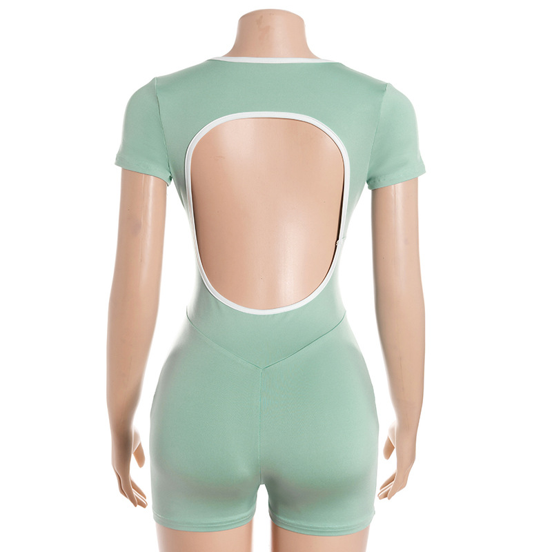 Trendy Color-Block Short Sleeve Backless Jumpsuit