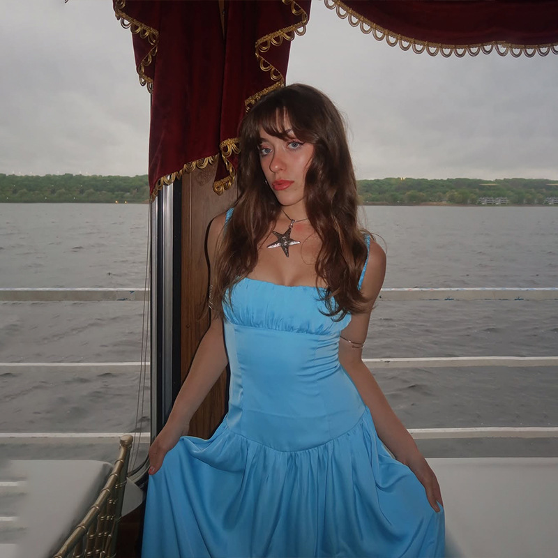 2025 Spring Summer New Arrival Spaghetti Strap High-Waisted Solid Maxi Dress