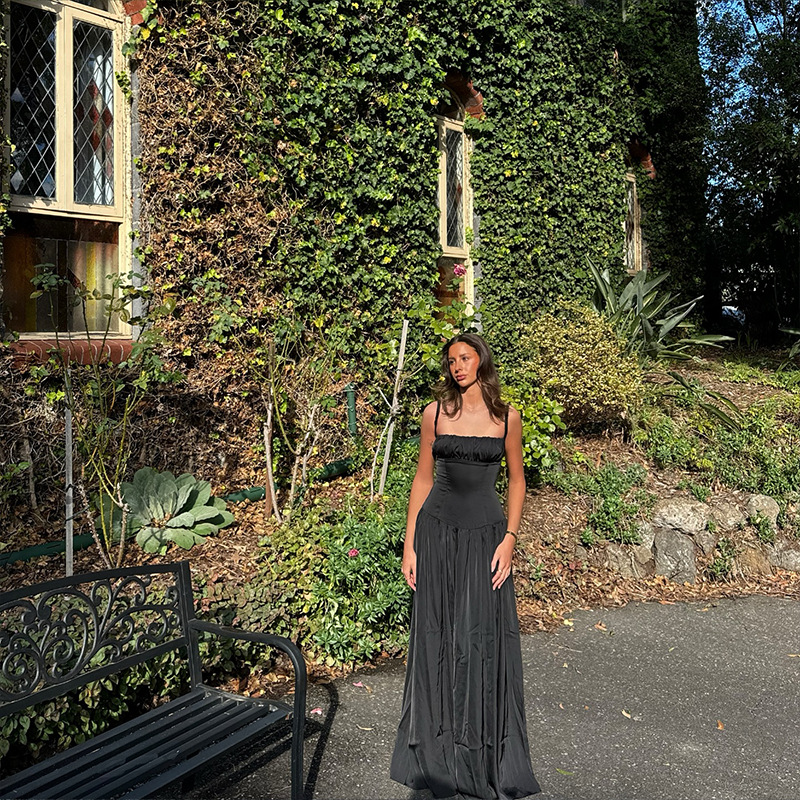 2025 Spring Summer New Arrival Spaghetti Strap High-Waisted Solid Maxi Dress