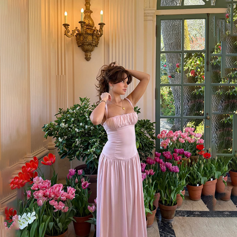 2025 Spring Summer New Arrival Spaghetti Strap High-Waisted Solid Maxi Dress