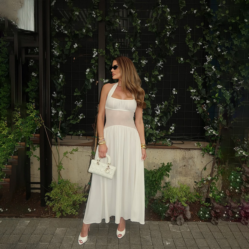 Halter Neck Sheer Mesh Maxi Dress