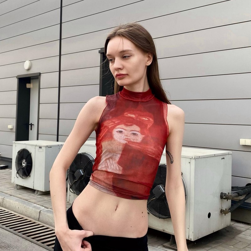 Round Neck Printed Short Vest Sleeveless Crop Top 