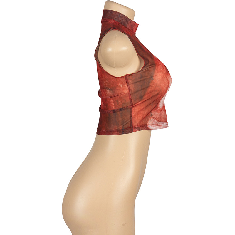 Round Neck Printed Short Vest Sleeveless Crop Top 