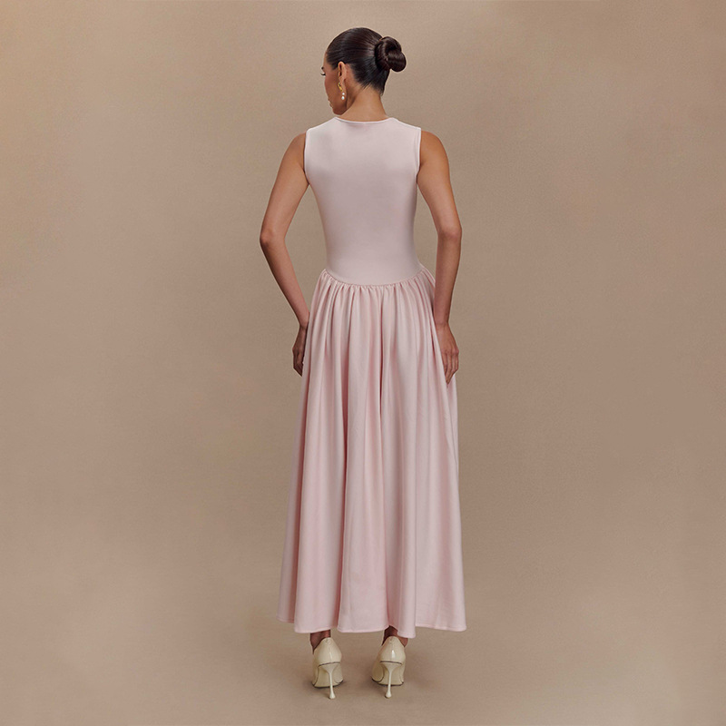 French Style Pink Square Neck Suspender Maxi Dress