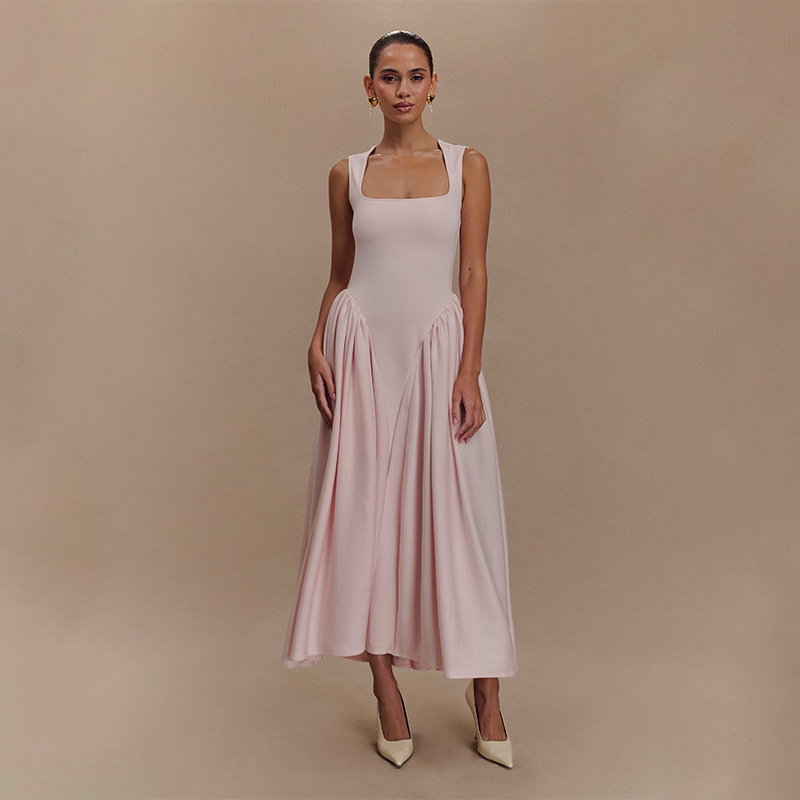 French Style Pink Square Neck Suspender Maxi Dress