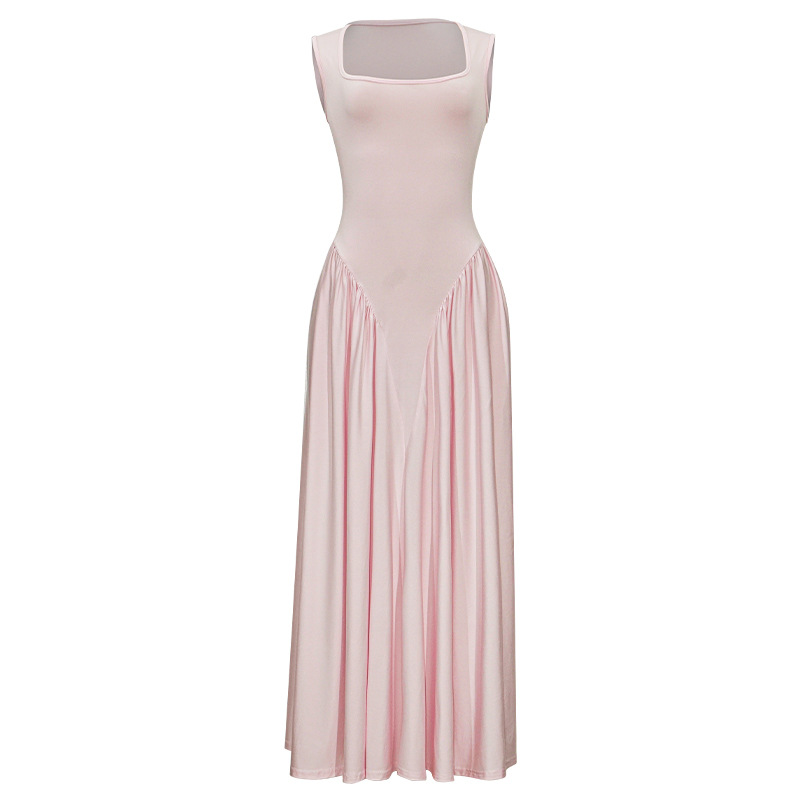 French Style Pink Square Neck Suspender Maxi Dress