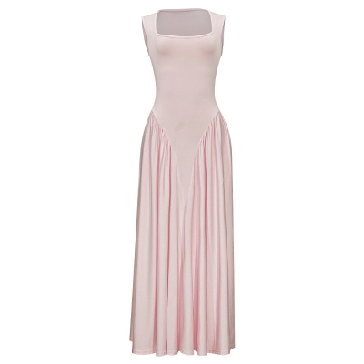 French Style Pink Square Neck Suspender Maxi Dress 01