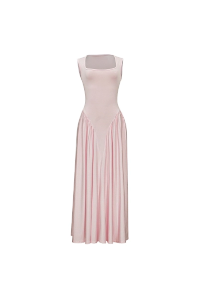 French Style Pink Square Neck Suspender Maxi Dress 01