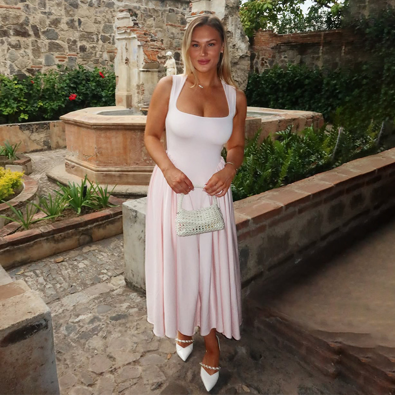 French Style Pink Square Neck Suspender Maxi Dress