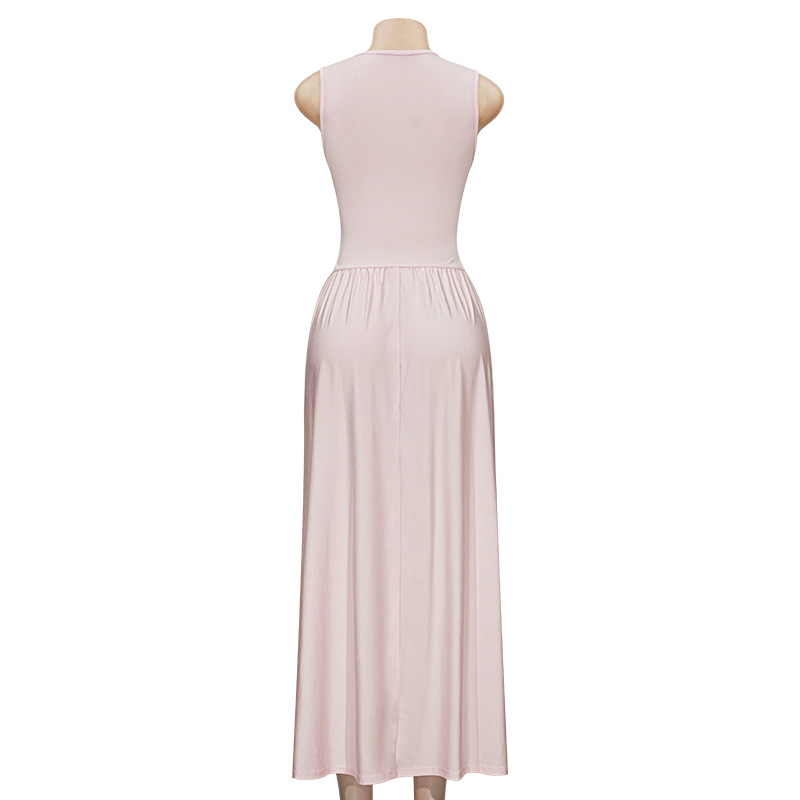 French Style Pink Square Neck Suspender Maxi Dress
