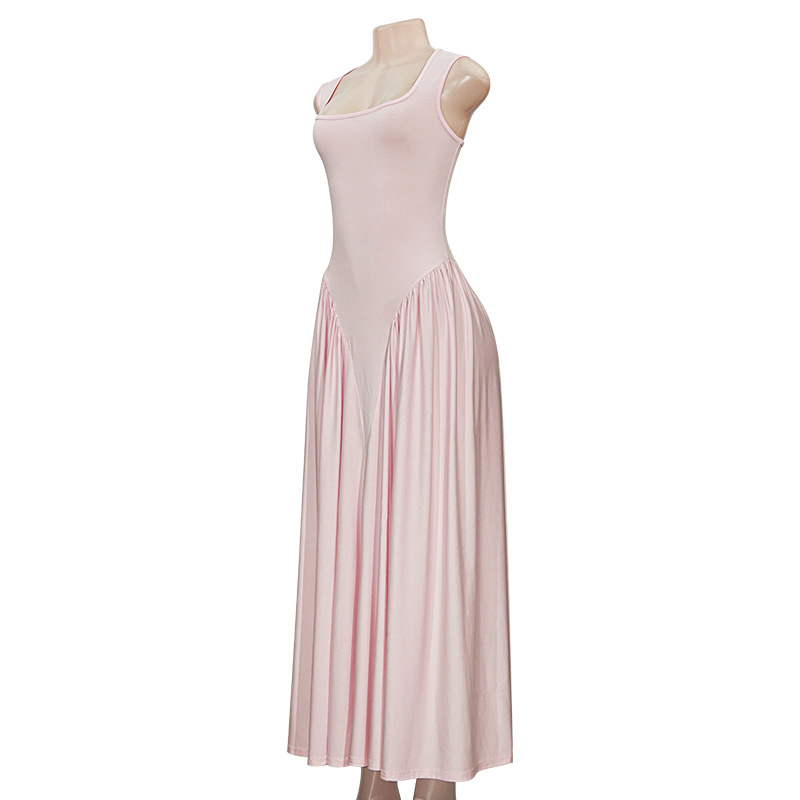 French Style Pink Square Neck Suspender Maxi Dress