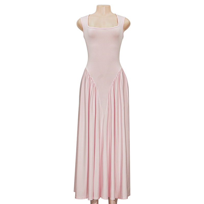French Style Pink Square Neck Suspender Maxi Dress