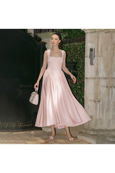 French Style Pink Square Neck Suspender Maxi Dress 02