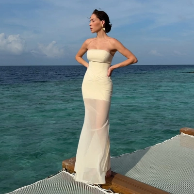 Sexy Strapless Waist-Cinching Cover-Up Sheer Mesh Maxi Dress 02