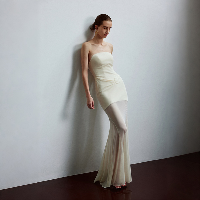 Sexy Strapless Waist-Cinching Cover-Up Sheer Mesh Maxi Dress