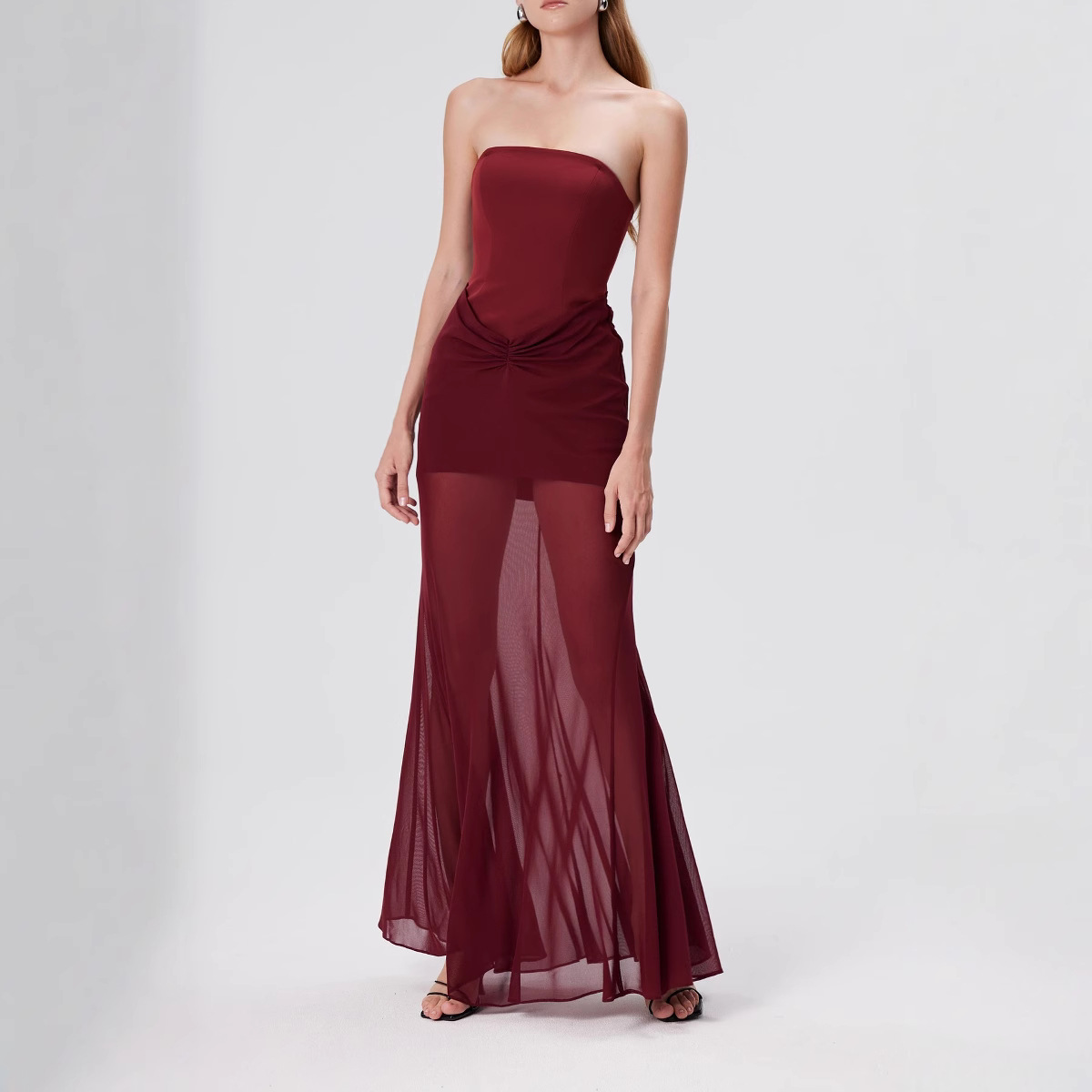 Sexy Strapless Waist-Cinching Cover-Up Sheer Mesh Maxi Dress
