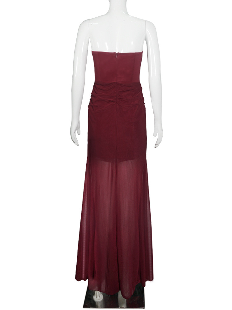 Sexy Strapless Waist-Cinching Cover-Up Sheer Mesh Maxi Dress