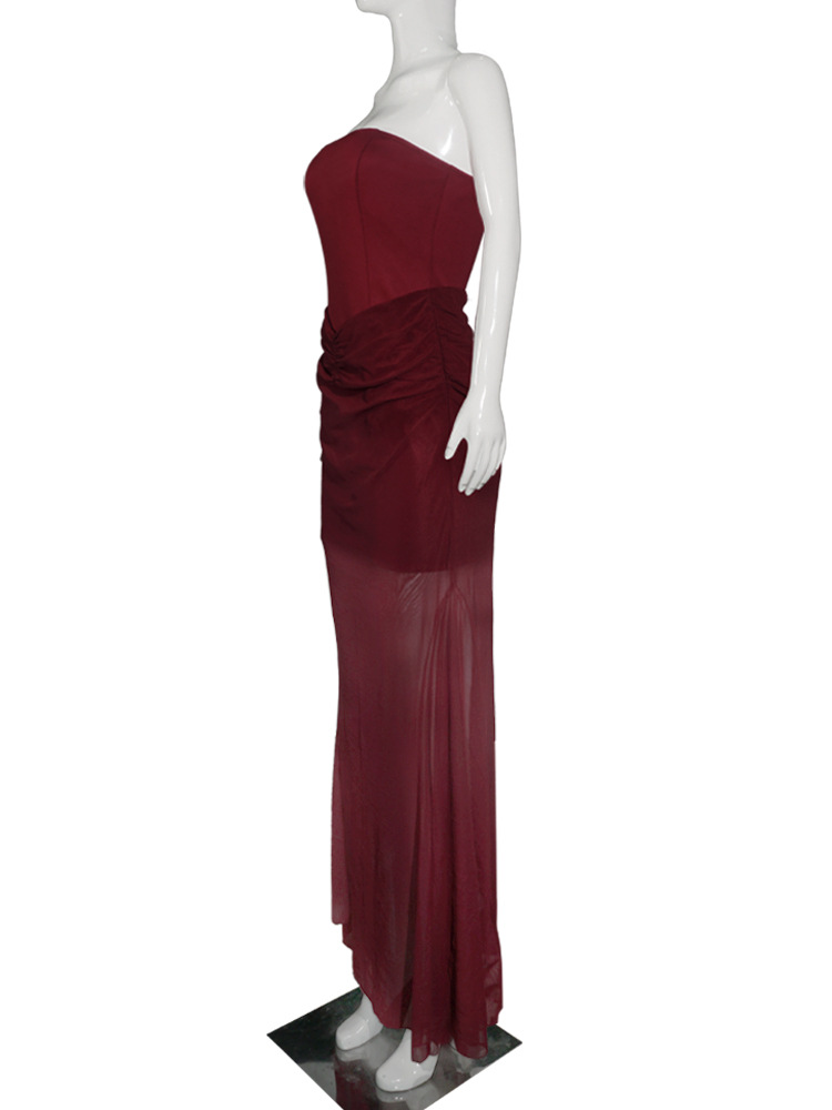 Sexy Strapless Waist-Cinching Cover-Up Sheer Mesh Maxi Dress