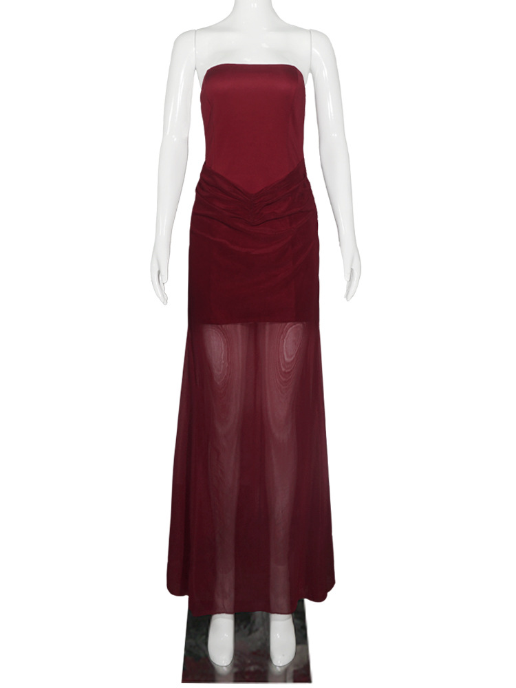 Sexy Strapless Waist-Cinching Cover-Up Sheer Mesh Maxi Dress