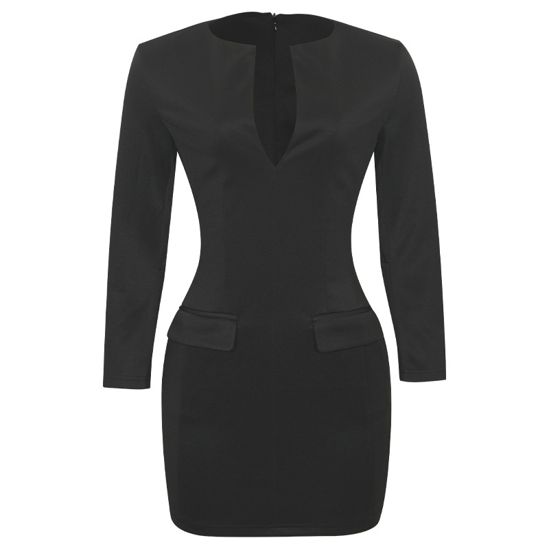 Solid Color V-Neck Long Sleeve Bodycon Dress