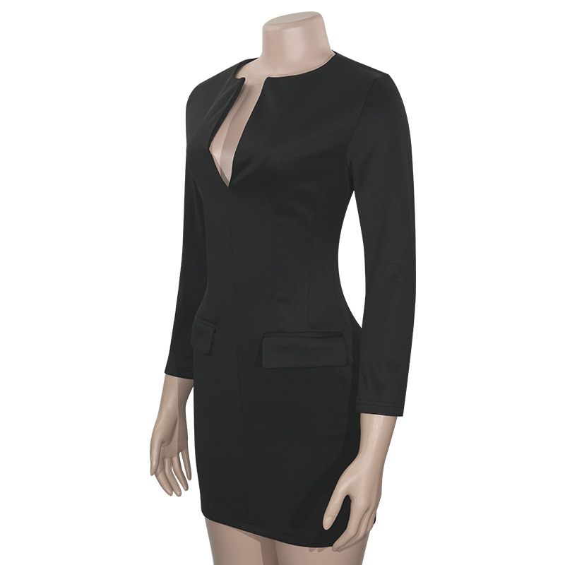Solid Color V-Neck Long Sleeve Bodycon Dress