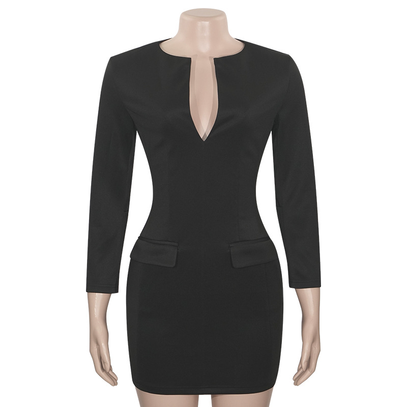 Solid Color V-Neck Long Sleeve Bodycon Dress