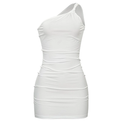 Solid Color Asymmetrical One-Shoulder Bodycon Mini Dress 01
