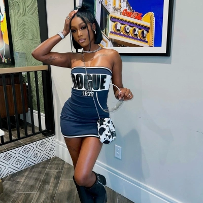 Letter Print Strapless Bodycon Mini Dress 02