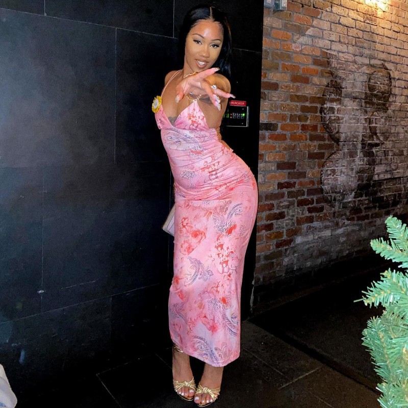 Floral Print Spaghetti Strap Backless Maxi Dress