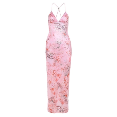 Floral Print Spaghetti Strap Backless Maxi Dress 01