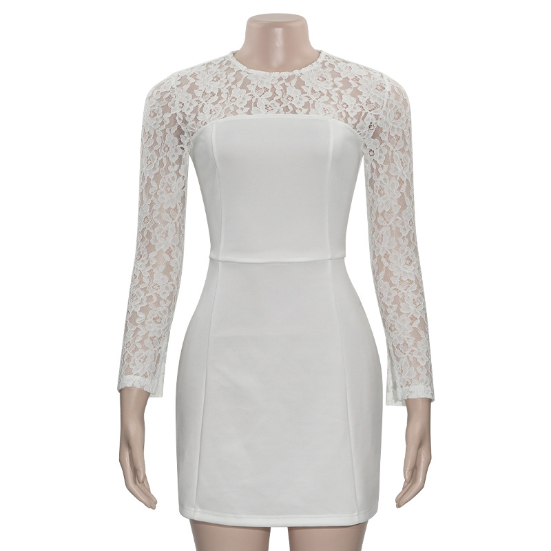 Solid Color Round Neck Bodycon Mini Dress with Lace Paneling