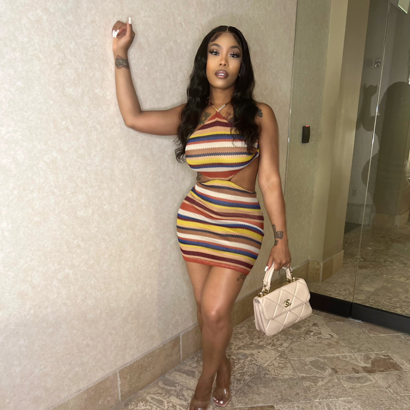 Striped Halter Neck Bodycon Mini Dress