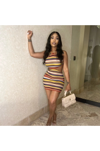 Striped Halter Neck Bodycon Mini Dress 02