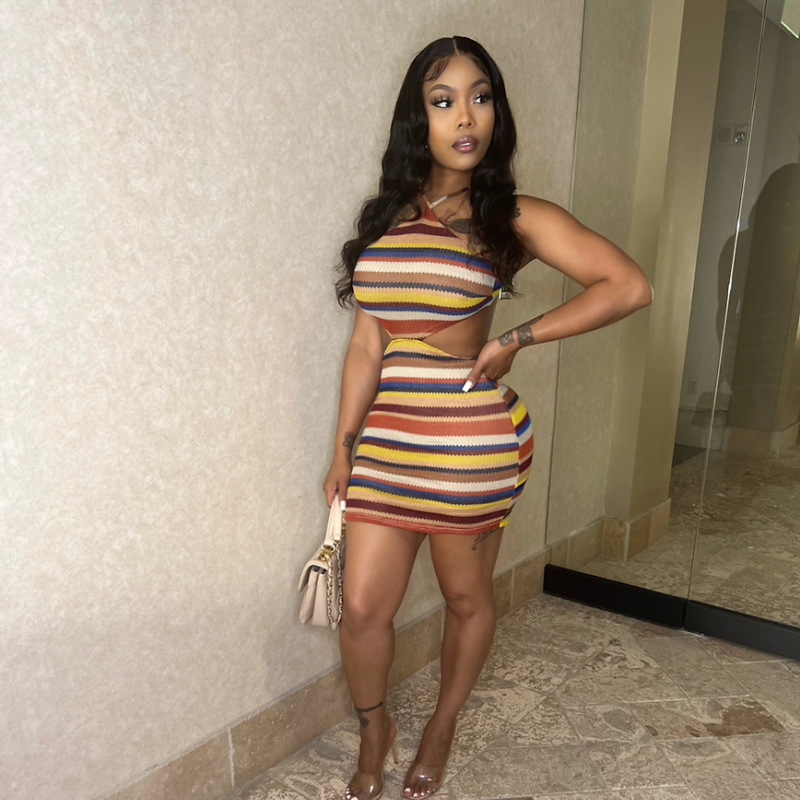 Striped Halter Neck Bodycon Mini Dress