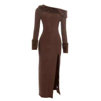 Solid Color One-Shoulder Long Sleeve Bodycon Maxi Dress with Faux Fur Trim 01